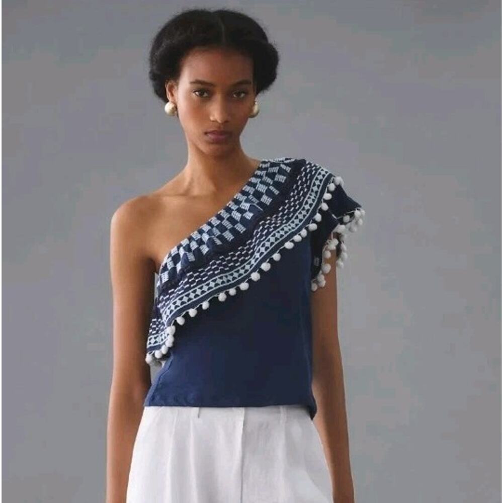Anthropologie One Shoulder Pom Tassel Top XS Navy Blue White Festival Prairie